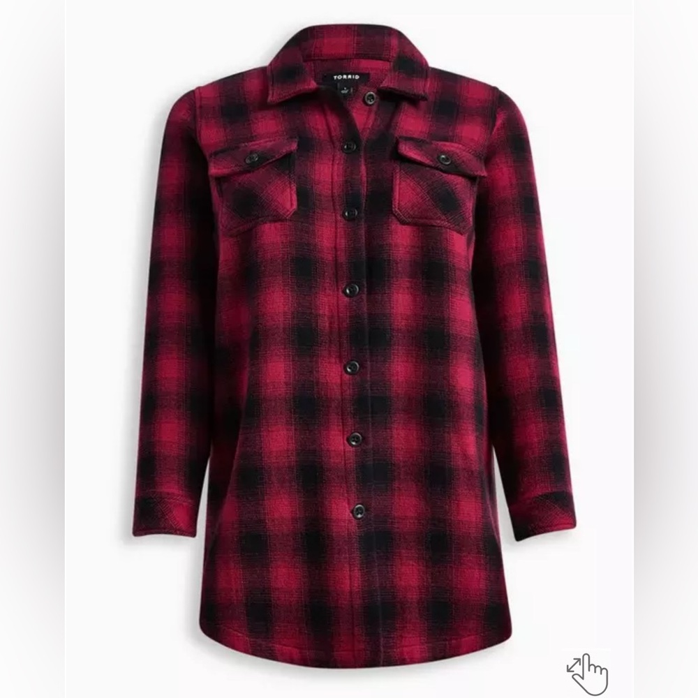 Torrid SHACKET Plaid Cotton Longline Purple Magenta Cabin | Sz 3 (22-24) NWT - Picture 2 of 6